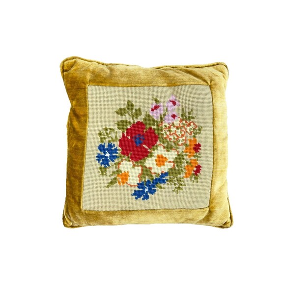 Vintage Floral Bouquet Needlepoint Pillow Handmade Gold Velvet Back 14" x 14" - Picture 1 of 6